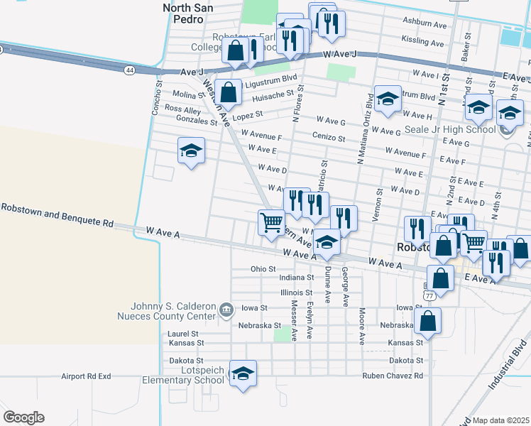 map of restaurants, bars, coffee shops, grocery stores, and more near 105 Western Avenue in Robstown