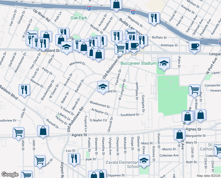 map of restaurants, bars, coffee shops, grocery stores, and more near 3528 Kenwood Drive in Corpus Christi
