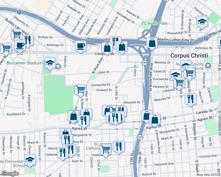 map of restaurants, bars, coffee shops, grocery stores, and more near 2226 Howard Street in Corpus Christi
