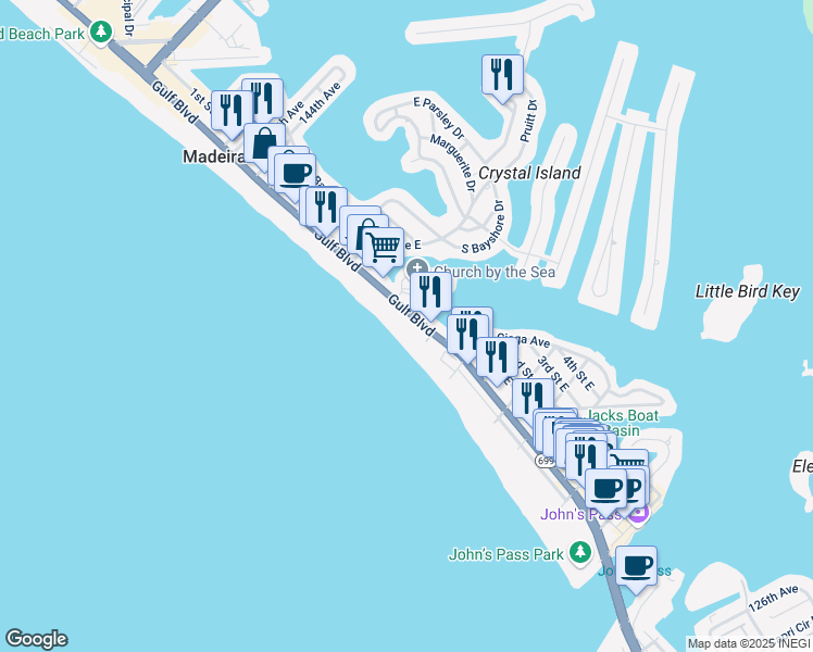 map of restaurants, bars, coffee shops, grocery stores, and more near 13642 Gulf Boulevard in Madeira Beach