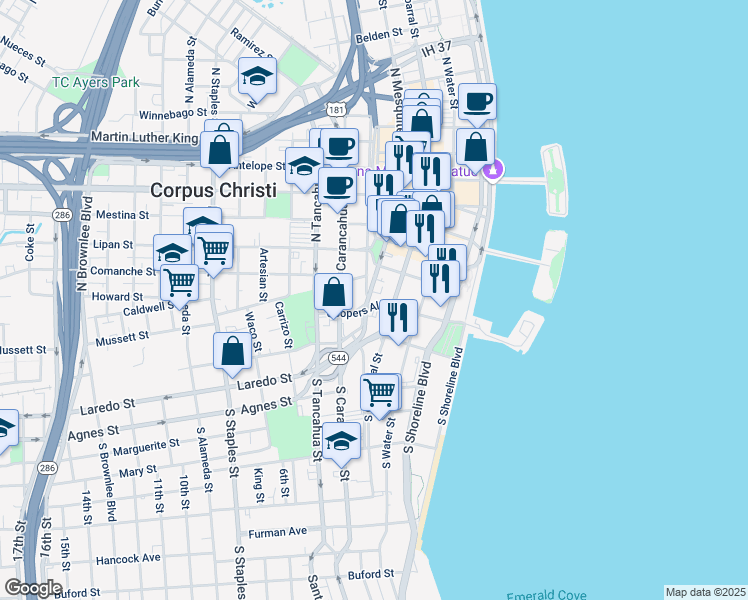 map of restaurants, bars, coffee shops, grocery stores, and more near 413 Coopers Alley in Corpus Christi