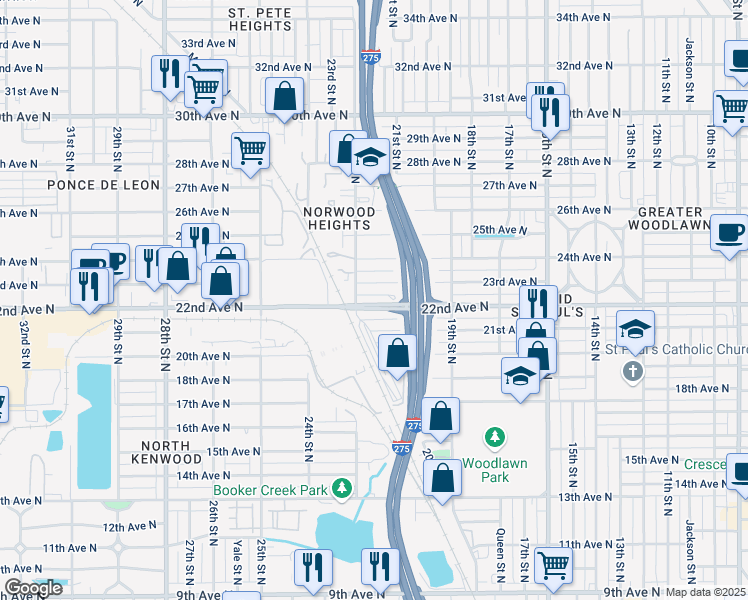map of restaurants, bars, coffee shops, grocery stores, and more near 2151 22nd Avenue North in St. Petersburg
