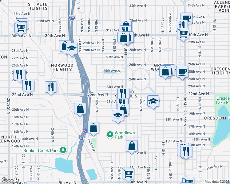 map of restaurants, bars, coffee shops, grocery stores, and more near 1665 22nd Avenue North in St. Petersburg