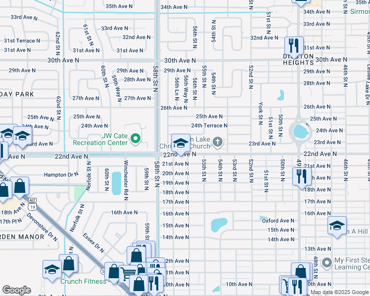 map of restaurants, bars, coffee shops, grocery stores, and more near 5541 22nd Avenue North in St. Petersburg