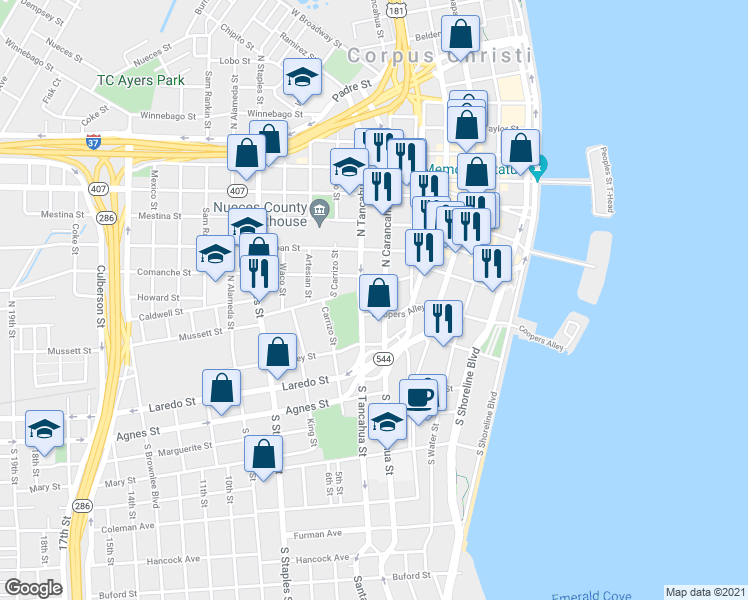 map of restaurants, bars, coffee shops, grocery stores, and more near 317 North Carancahua Street in Corpus Christi