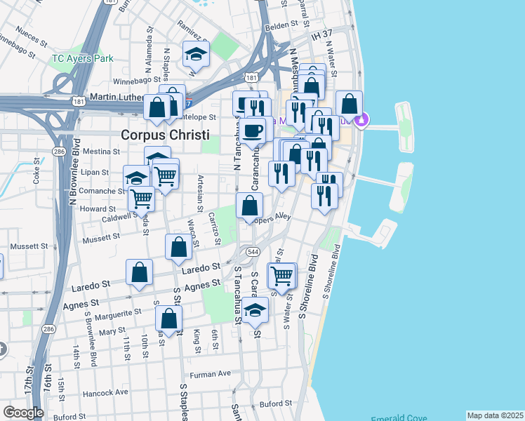 map of restaurants, bars, coffee shops, grocery stores, and more near 101 North Upper Broadway in Corpus Christi