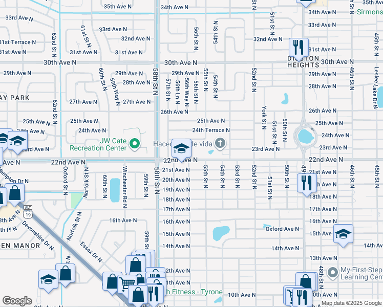 map of restaurants, bars, coffee shops, grocery stores, and more near 5601 22nd Avenue North in St. Petersburg