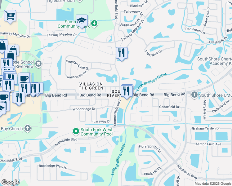 map of restaurants, bars, coffee shops, grocery stores, and more near 11326 Big Bend Road in Riverview