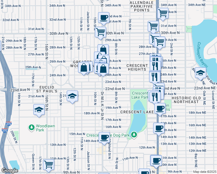 map of restaurants, bars, coffee shops, grocery stores, and more near 846 22nd Avenue North in St. Petersburg