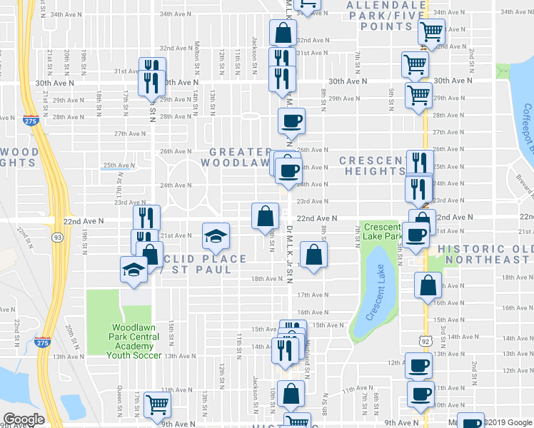 map of restaurants, bars, coffee shops, grocery stores, and more near 1032 22nd Avenue North in St. Petersburg