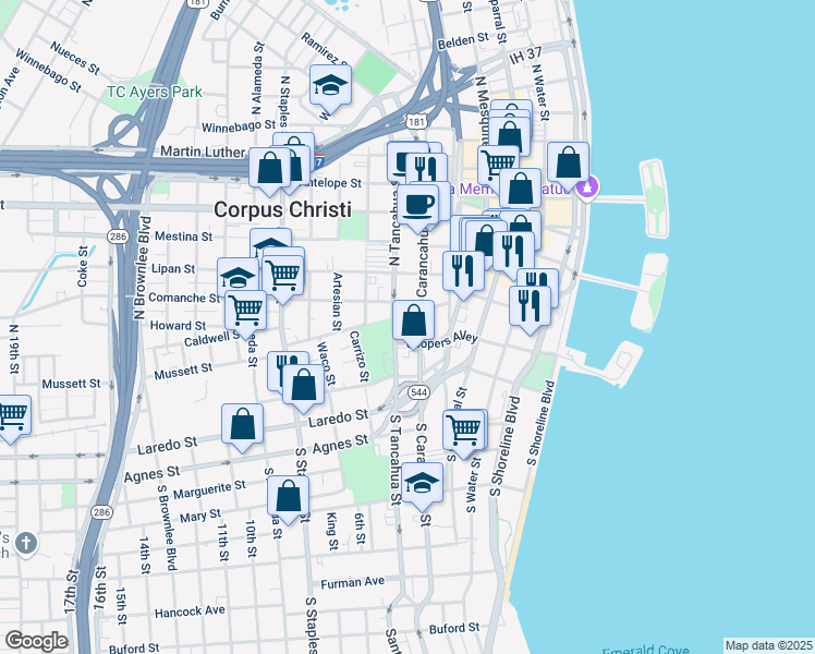 map of restaurants, bars, coffee shops, grocery stores, and more near 317 North Carancahua Street in Corpus Christi