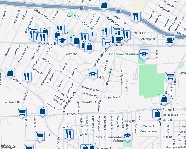map of restaurants, bars, coffee shops, grocery stores, and more near 401 Fairmont Drive in Corpus Christi