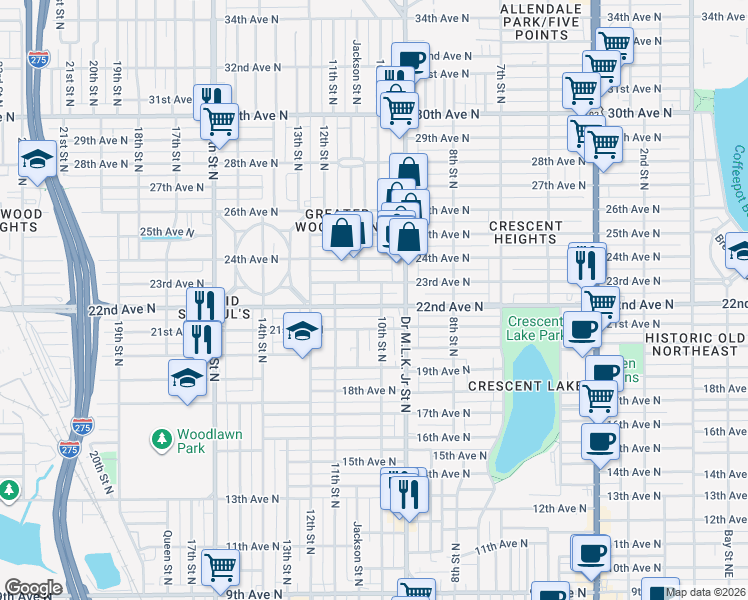 map of restaurants, bars, coffee shops, grocery stores, and more near 1032 22nd Avenue North in St. Petersburg