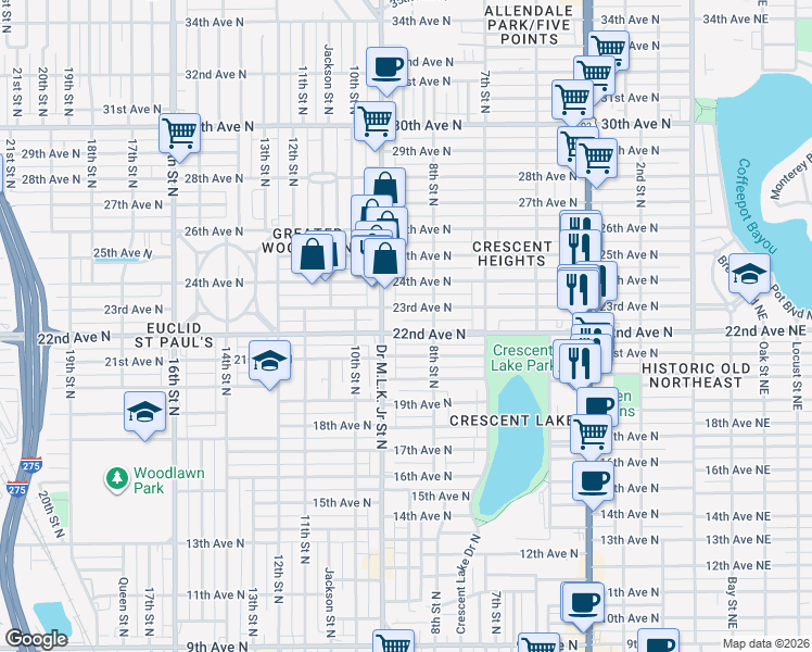 map of restaurants, bars, coffee shops, grocery stores, and more near 846 22nd Avenue North in St. Petersburg