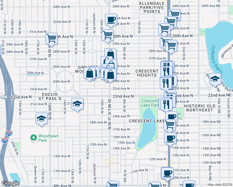 map of restaurants, bars, coffee shops, grocery stores, and more near 846 22nd Avenue North in St. Petersburg