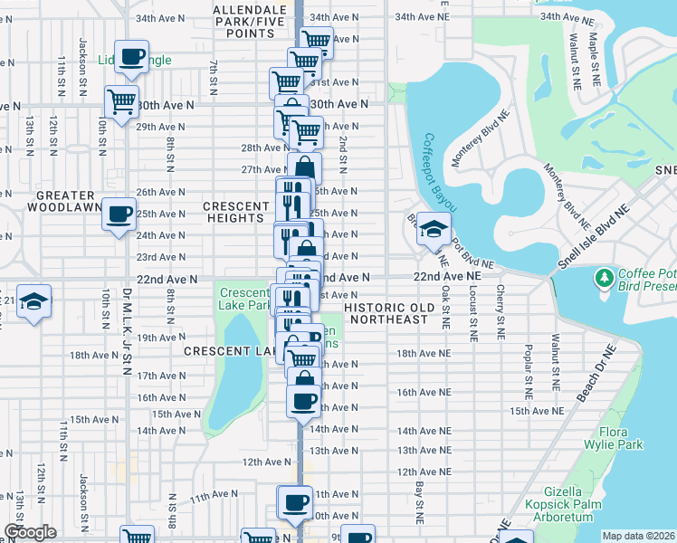 map of restaurants, bars, coffee shops, grocery stores, and more near 200 22nd Avenue North in St. Petersburg