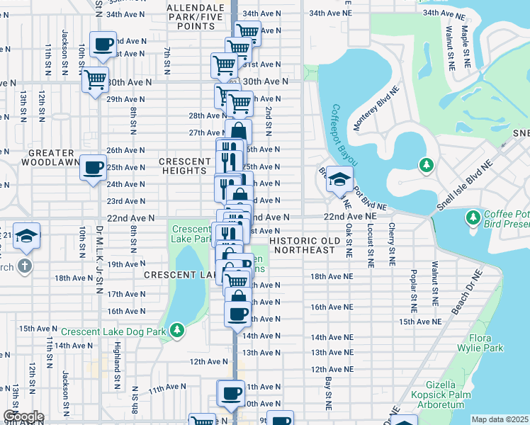 map of restaurants, bars, coffee shops, grocery stores, and more near 200 22nd Avenue North in St. Petersburg