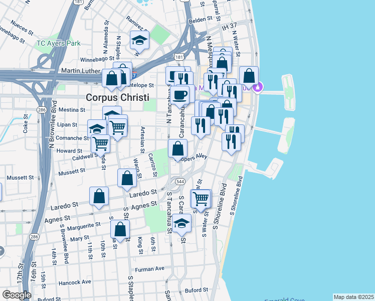map of restaurants, bars, coffee shops, grocery stores, and more near 413 Coopers Alley in Corpus Christi