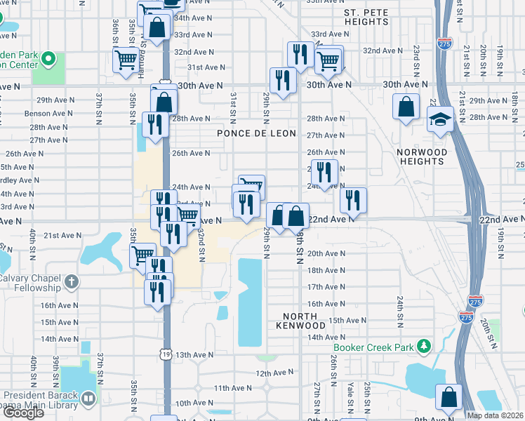 map of restaurants, bars, coffee shops, grocery stores, and more near 2909 22nd Avenue North in Saint Petersburg