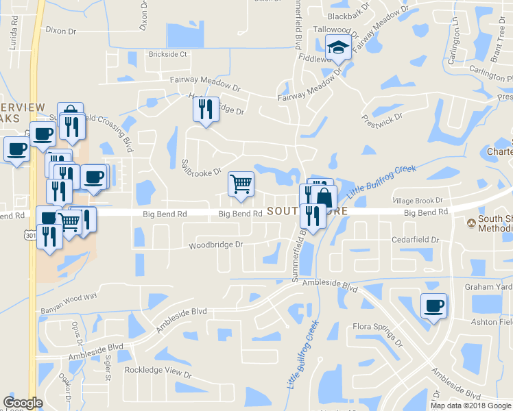 map of restaurants, bars, coffee shops, grocery stores, and more near 13110 Elgar Place in Riverview