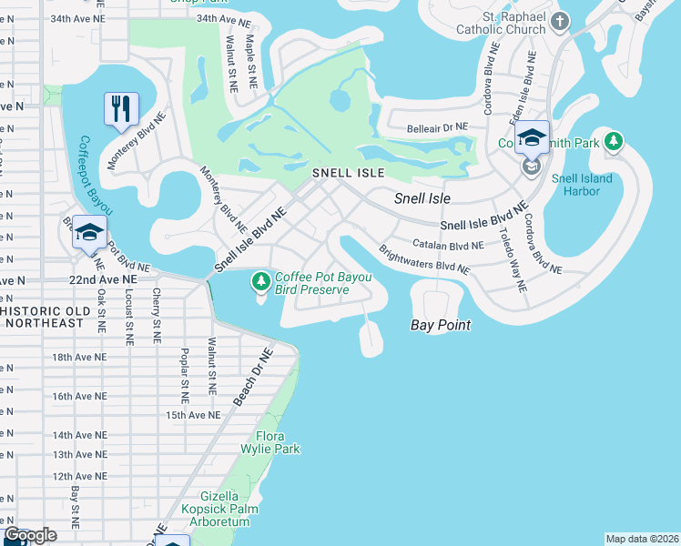 map of restaurants, bars, coffee shops, grocery stores, and more near 740 Brightwaters Boulevard Northeast in St. Petersburg