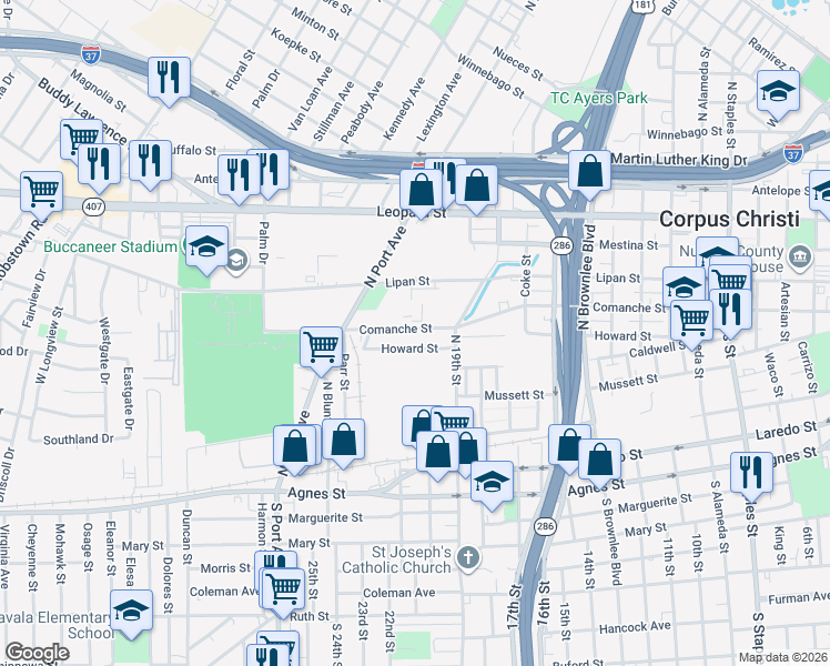 map of restaurants, bars, coffee shops, grocery stores, and more near 2226 Howard Street in Corpus Christi