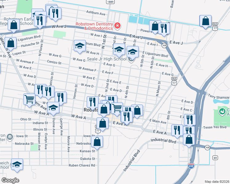 map of restaurants, bars, coffee shops, grocery stores, and more near 223 East Avenue C in Robstown