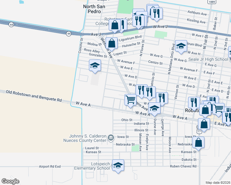 map of restaurants, bars, coffee shops, grocery stores, and more near 643 West Main Avenue in Robstown