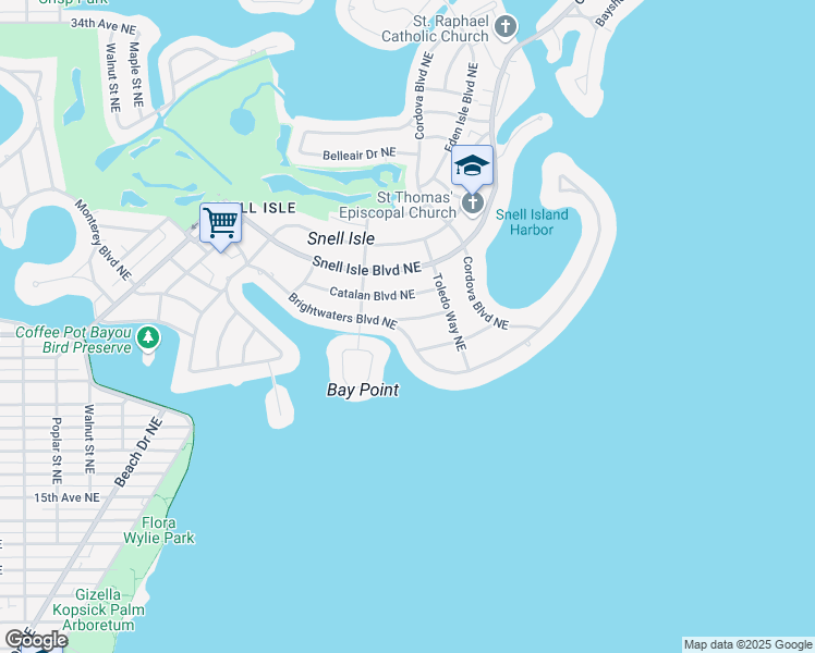 map of restaurants, bars, coffee shops, grocery stores, and more near 1517 Brightwaters Boulevard Northeast in St. Petersburg