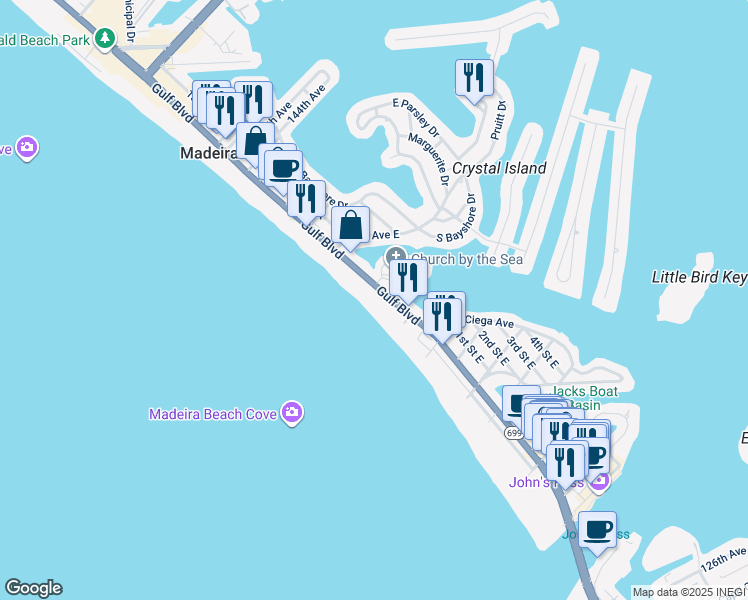 map of restaurants, bars, coffee shops, grocery stores, and more near 13642 Gulf Boulevard in Madeira Beach