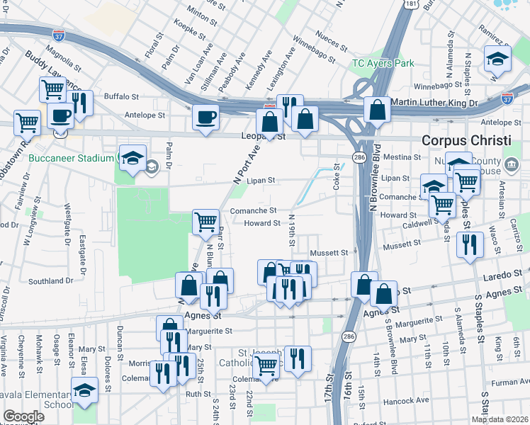 map of restaurants, bars, coffee shops, grocery stores, and more near 2226 Howard Street in Corpus Christi