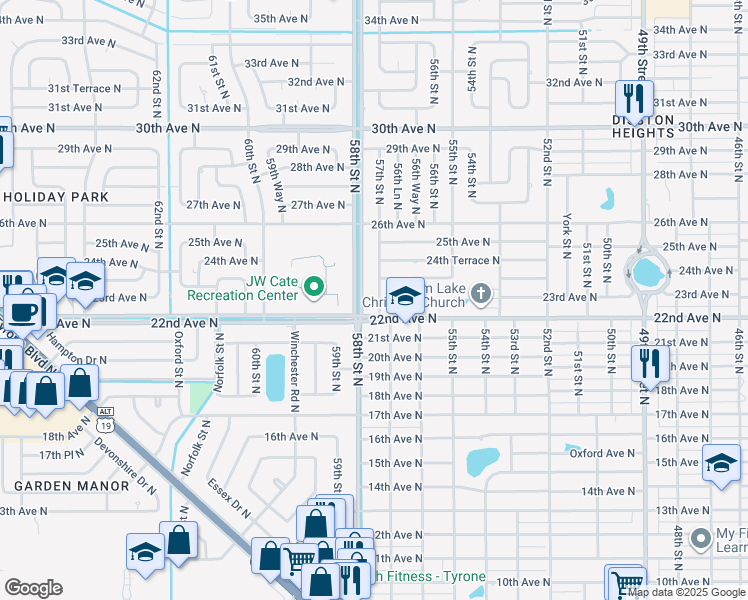 map of restaurants, bars, coffee shops, grocery stores, and more near 2200 57th Street North in St. Petersburg