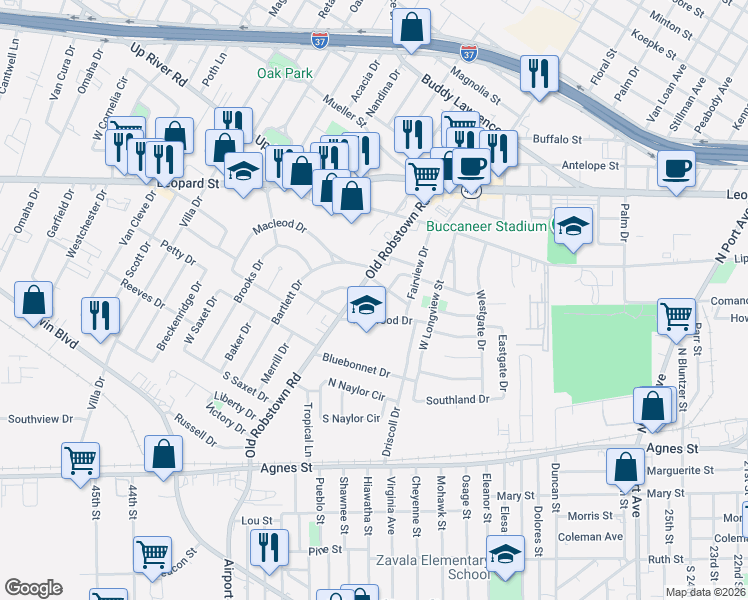 map of restaurants, bars, coffee shops, grocery stores, and more near 401 Fairmont Drive in Corpus Christi