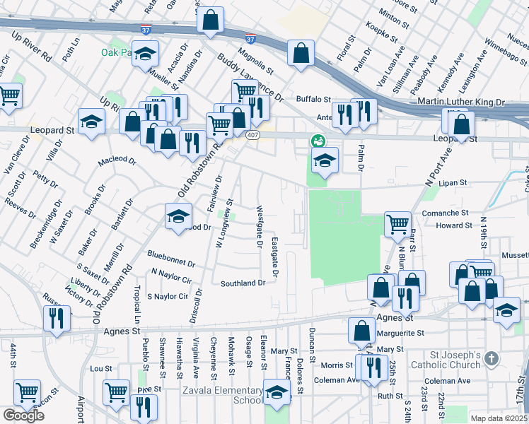 map of restaurants, bars, coffee shops, grocery stores, and more near 402 Westgate Drive in Corpus Christi