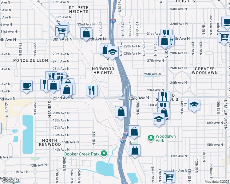 map of restaurants, bars, coffee shops, grocery stores, and more near 2144 23rd Avenue North in St. Petersburg