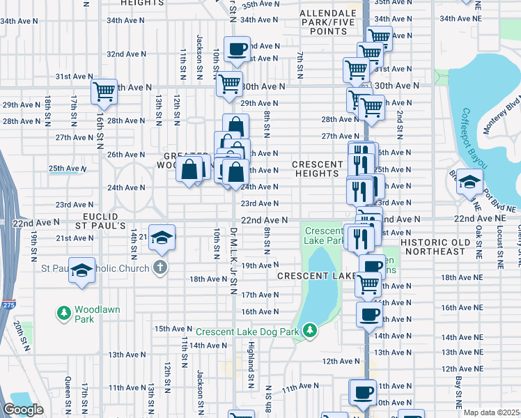 map of restaurants, bars, coffee shops, grocery stores, and more near 846 22nd Avenue North in St. Petersburg