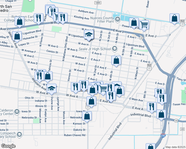 map of restaurants, bars, coffee shops, grocery stores, and more near 116 East Avenue C in Robstown