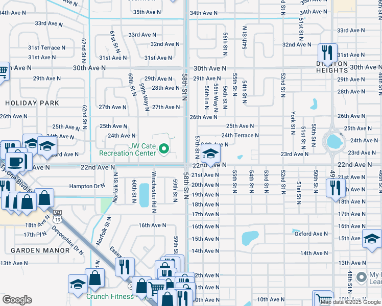 map of restaurants, bars, coffee shops, grocery stores, and more near 2200 57th Street North in St. Petersburg