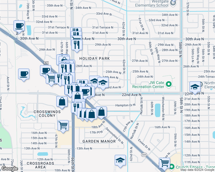 map of restaurants, bars, coffee shops, grocery stores, and more near 6355 23rd Avenue North in St. Petersburg