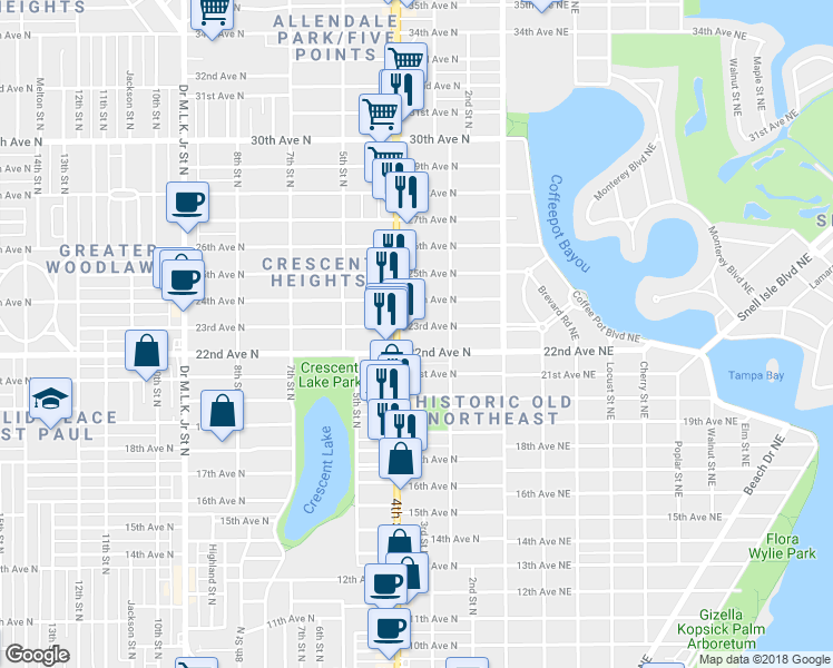 map of restaurants, bars, coffee shops, grocery stores, and more near 310 23rd Avenue North in Saint Petersburg