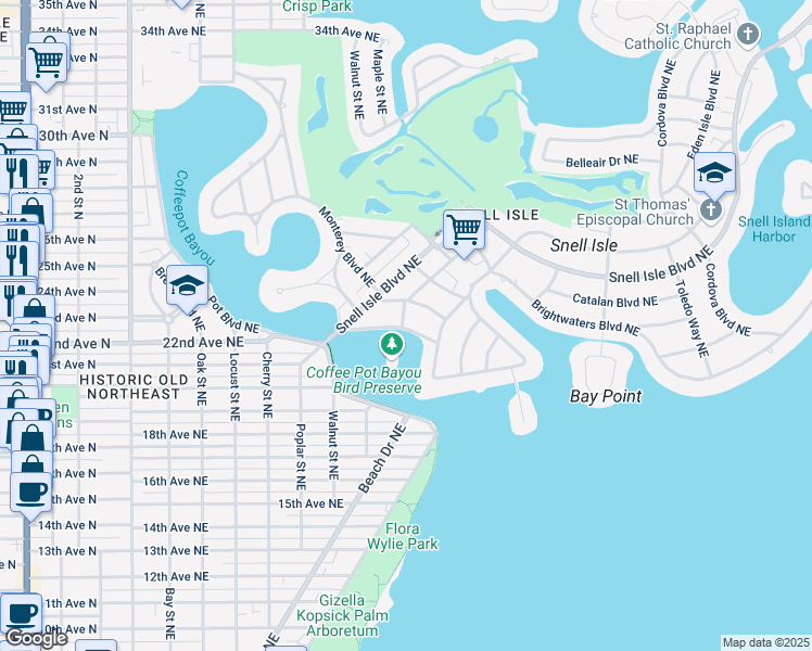 map of restaurants, bars, coffee shops, grocery stores, and more near 200 Brightwaters Boulevard Northeast in St. Petersburg