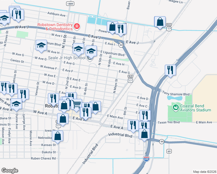 map of restaurants, bars, coffee shops, grocery stores, and more near 618 East Avenue F in Robstown