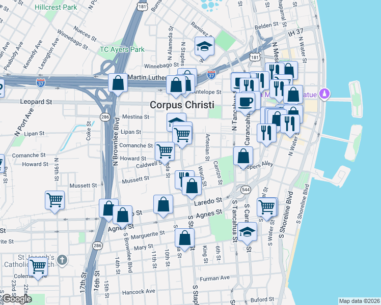 map of restaurants, bars, coffee shops, grocery stores, and more near 412 North Staples Street in Corpus Christi