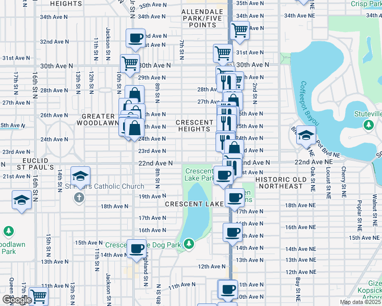 map of restaurants, bars, coffee shops, grocery stores, and more near 610 23rd Avenue North in Saint Petersburg