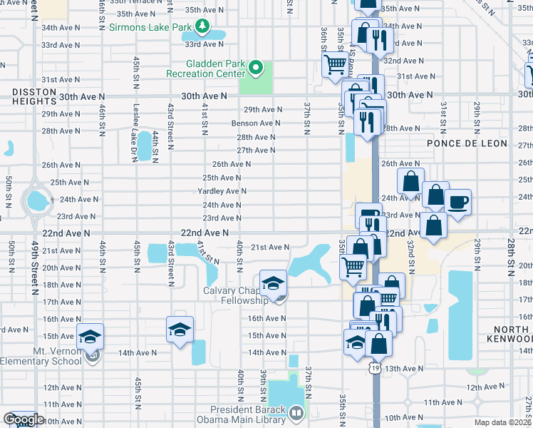 map of restaurants, bars, coffee shops, grocery stores, and more near 3833 24th Avenue North in St. Petersburg