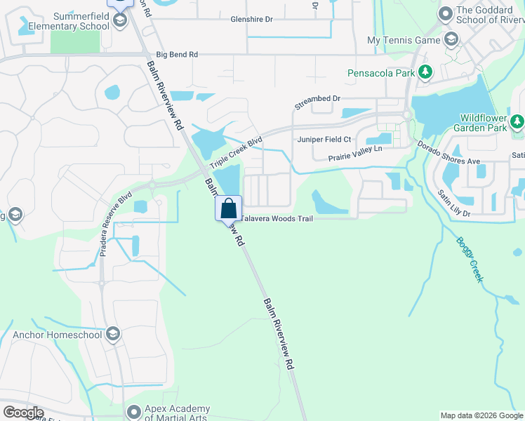 map of restaurants, bars, coffee shops, grocery stores, and more near 12115 Streambed Drive in Riverview
