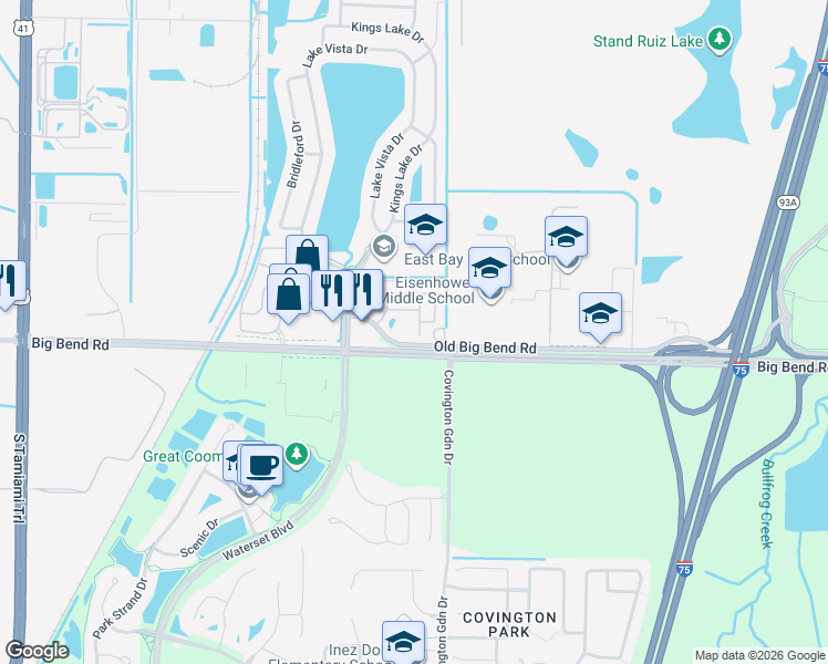 map of restaurants, bars, coffee shops, grocery stores, and more near 13145 Sonoma Bend Place in Gibsonton