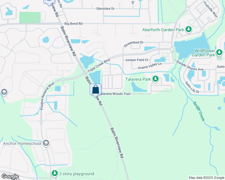 map of restaurants, bars, coffee shops, grocery stores, and more near 12119 Streambed Drive in Riverview