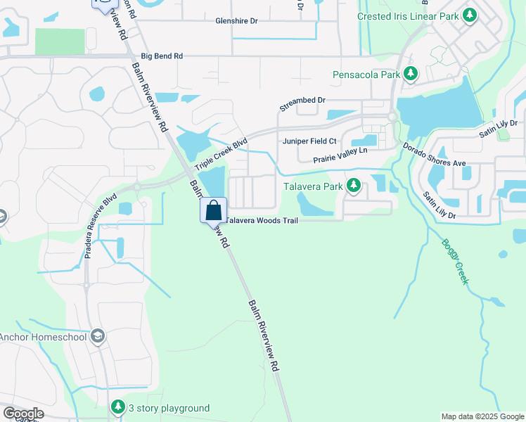 map of restaurants, bars, coffee shops, grocery stores, and more near 12125 Streambed Drive in Riverview