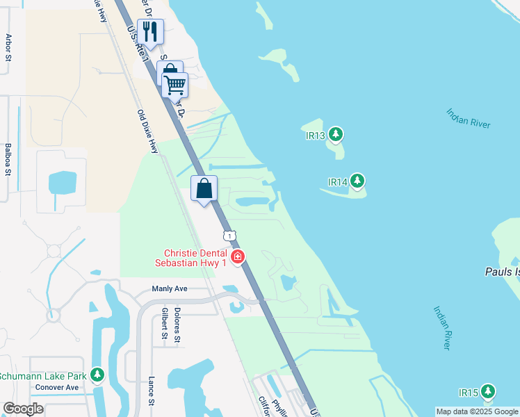 map of restaurants, bars, coffee shops, grocery stores, and more near 6039 River Run Drive in Sebastian